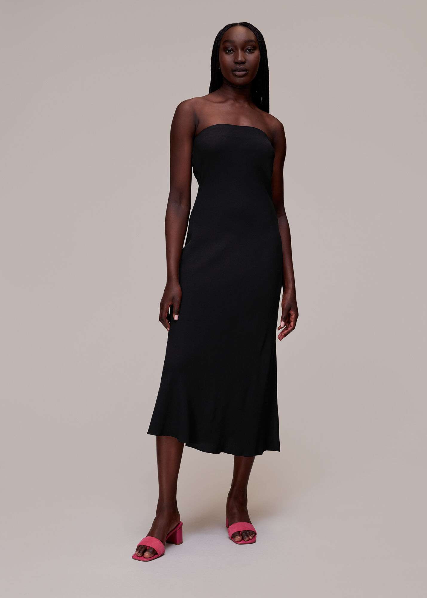black strapless midi dress